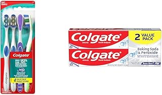 Colgate 360 Whole Mouth Clean Toothbrush, Soft Toothbrush for Adults, 4 Pack & Baking Soda & Peroxide Toothpaste - Whitens Teeth, Fights Cavities & Removes Stains, Brisk Mint, 6 Oz, 2 Pack