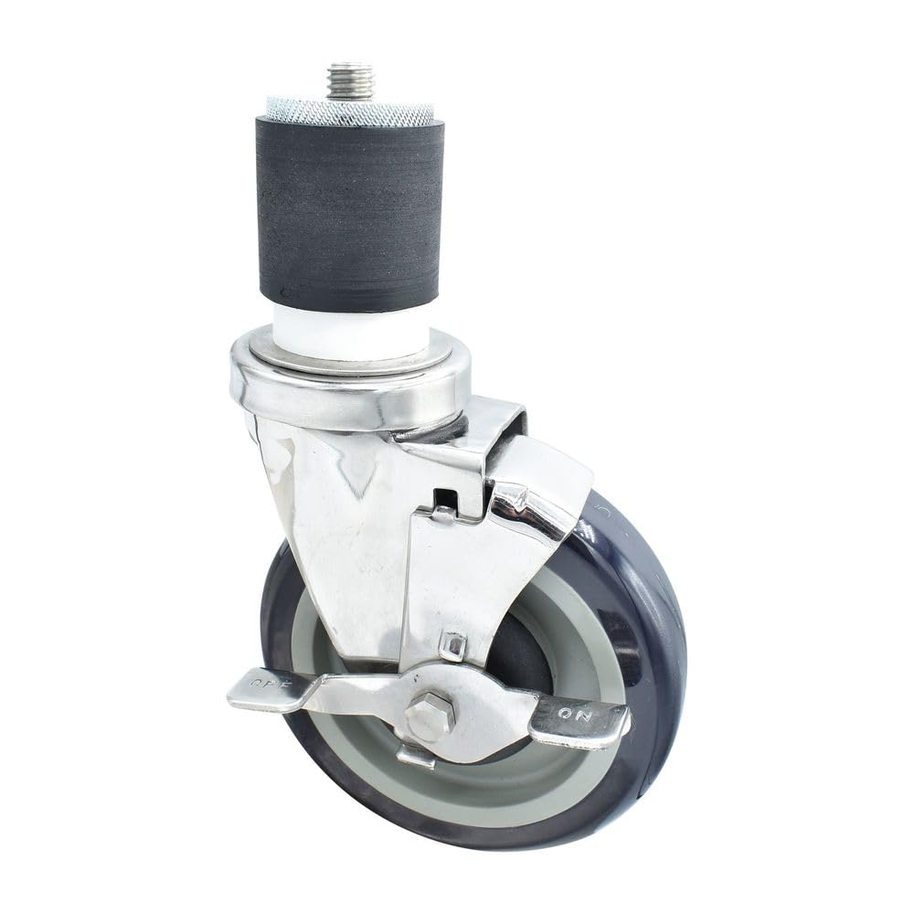 BK Resources 5" Polyurethane 2" Expanding Stainless Steel Stem Swivel Caster for Work Tables with Top Lock Brake – 5", Silver, Model 5SS-4RA-PLY-TLB