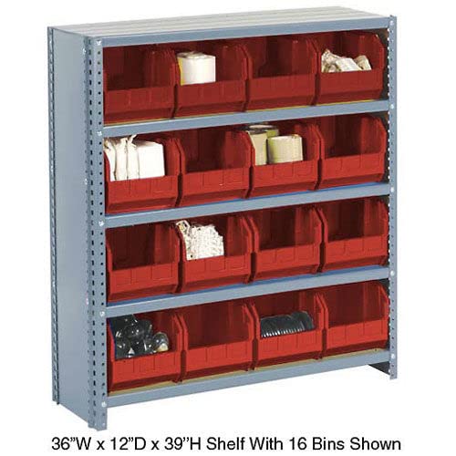Closed Bin Shelving w/10 Shelves & 36 Red Bins by Global Industrial – 12"L x 36"W x 73"H, Alloy Steel, Model 603268RD