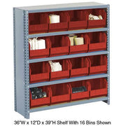 Closed Bin Shelving w/6 Shelves & 15 Red Bins by Global Industrial – 12"L x 36"W x 39"H, Alloy Steel, Model 603257RD