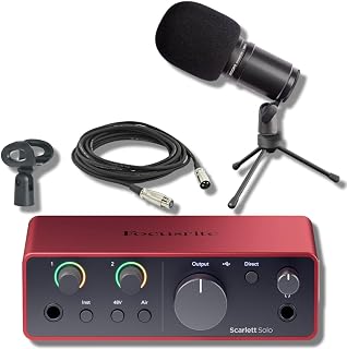 Focusrite Scarlett Solo 4th Gen USB-C Audio Interface Bundle with Zoom ZDM-1 Dynamic Mic, Desktop Tripod Stand, 10-Ft XLR — 24-Bit/192kHz Home Studio Kit for Podcasting, Voice Over, Streaming