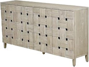 Wooden Weave 4-Door Credenza with Soft Close Doors Kiln-Dried Mindi Wood Gray Wash Finish 72 Inch Tan and Gray Coastal Design