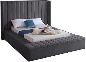 Starlight Canyon Home Velvet-Upholstered Platform Bed, Wingback Button-Tufted King Size Bed Frame with Headboard and Footboard, Grey Velvet