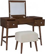 Furnifact Birch Veneer Bedroom Vanity Set with Flip-Top Mirror, Two Drawers, Upholstered Stool, Makeup Dressing Table for Bedrooms, Brown