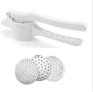 Farberware Professional Potato Ricer with 3 Stainless Steel Discs and Ergonomic Plastic Handle, White - Makes Fluffy Mashed Potatoes, Rices Vegetables and Fruits, Dishwasher Safe, 13.75 Inches
