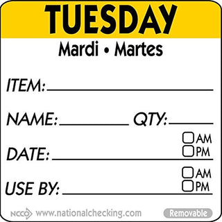 National Checking Company DateIt Square Tuesday Mardi Martes Day of the Week Dissolvable Printed Removable Label Yellow | 500/Roll by NCCO – Sticker, Yellow, Model RIDU2202R