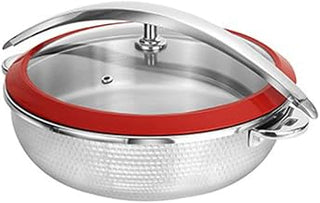 5994RRH 4 Quart Orbit Chafing Pot, Round, 15-1/2" Diameter x 10"H, Red Rubber Edge, Hammered Finish