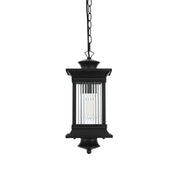 Collins One Light Outdoor Pendant Black by Lighting Design – Iron, Black, Model OD316H18BK