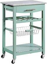 Furnifact Pine Wood Kitchen Island with Granite Countertop, Wine Rack Pull-Out Drawer Wire Basket Rolling Kitchen Cart and Bottom Shelf, Green