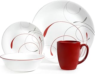 Corelle Splendor Chip and Break Resistant Dinner Set, Glass, Red/Grey, Set of 16