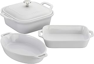 STAUB Ceramic 4-pc Baking Pans Set, Casserole Dish with Lid, Brownie Pan, White