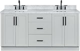 ARIEL Loren 72-inch Bathroom Vanity with Sink,Solid Wood, 1.5-inch Italian Carrara Marble Countertop, Double Rectangular Porcelain Sink, 4 Soft Closing Doors, 3 Dovetail Drawers, Grey