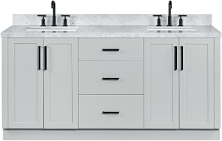 ARIEL Loren 72-inch Bathroom Vanity with Sink,Solid Wood, 1.5-inch Italian Carrara Marble Countertop, Double Rectangular Porcelain Sink, 4 Soft Closing Doors, 3 Dovetail Drawers, Grey