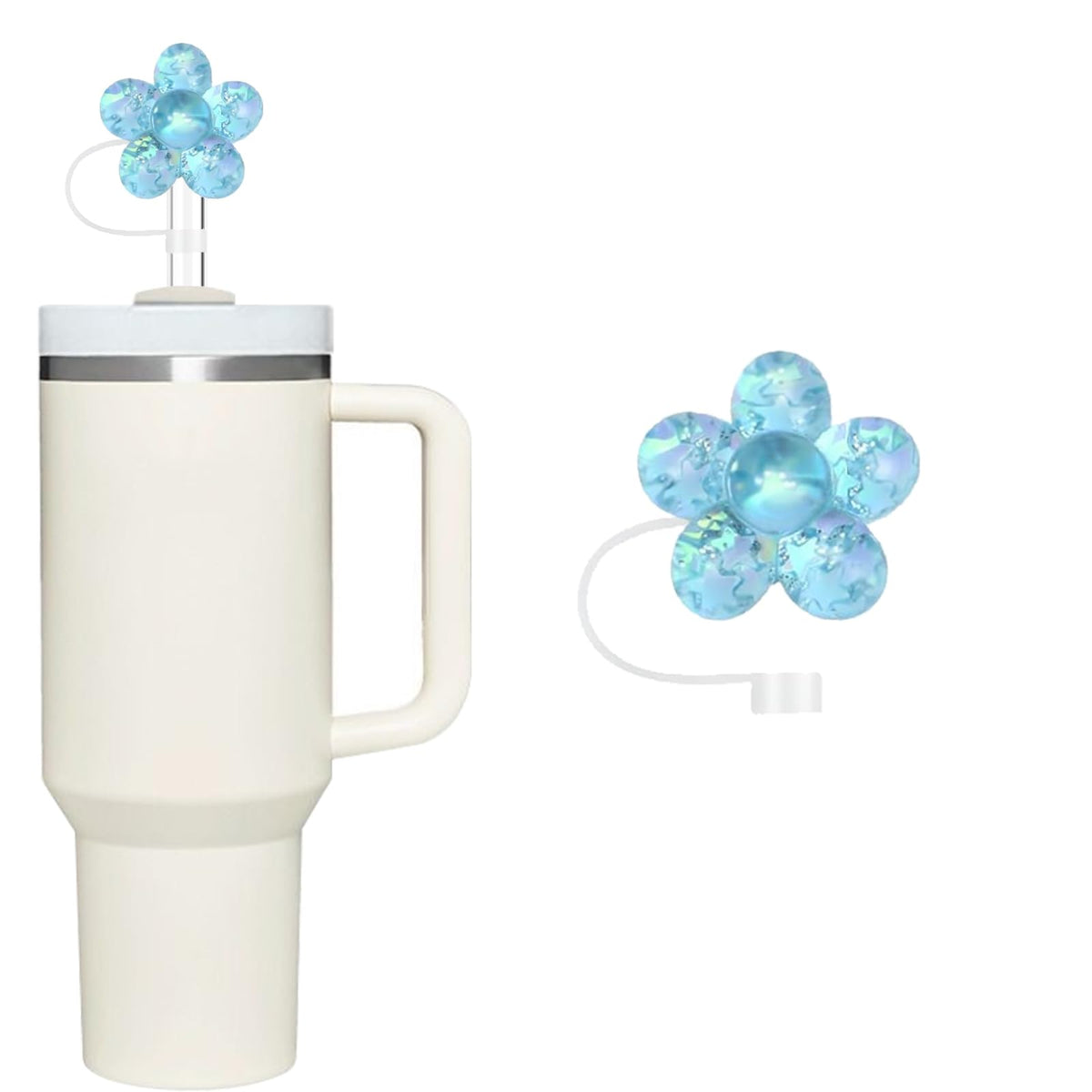 Blue Shiny Rose Silicone Straw Topper for Stanley 30 & 40 Oz by GANPUB – 10MM, Silicone, Blue