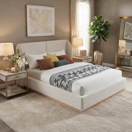 Starlight Canyon Home Boucle-Upholstered Wingback Platform Bed with Solid Wood Legs, King Size Bed Frame with Headboard, Cream Boucle Fabric - image 6