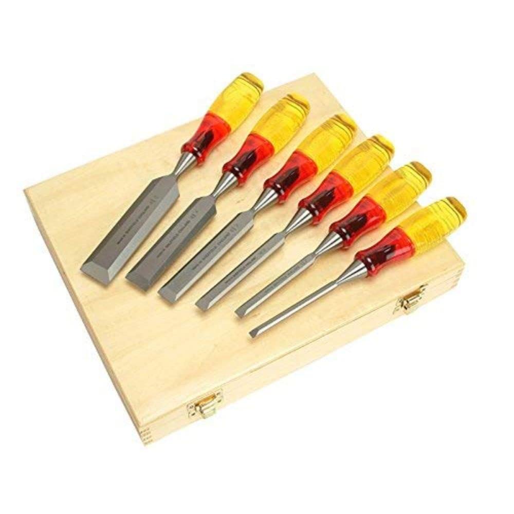 Marples M373 Split-Proof Bevel Edge Chisels 6-Piece Wooden Box Set by IRWIN – 1 - pack, Multi, Pack of 6, Model MAR373S6
