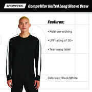 Competitor United Long Sleeve Crew | Gym T-Shirt for Men & Women by SPORT-TEK – Large, Black/ White, Model ST100LS