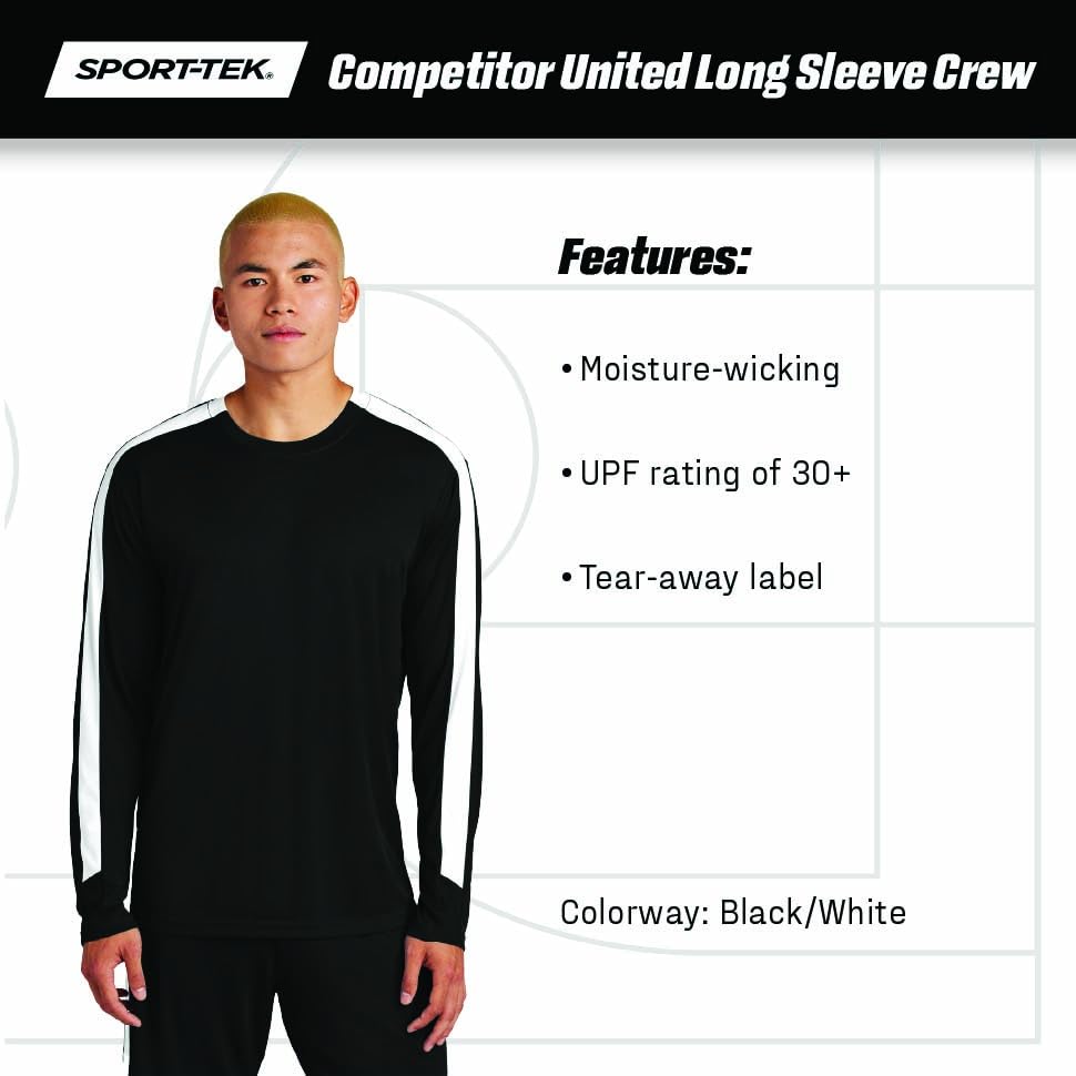 Competitor United Long Sleeve Crew | Gym T-Shirt for Men & Women by SPORT-TEK – Large, Black/ White, Model ST100LS