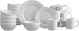 Pfaltzgraff Sylvia Dinnerware Set 32-Piece Service for 8 - White Porcelain Dinner Plates, Salad Plates, Soup Bowls and Mugs with Embossed Scrollwork