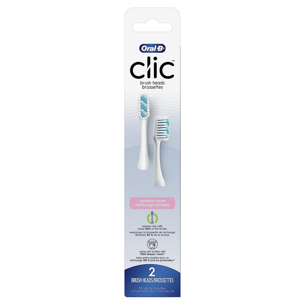 Clic Toothbrush Sensitive Clean Replacement Brush Heads by Oral-B – 2 Count (Pack of 3), Nylon, White, Pack of 3, Model 91129038