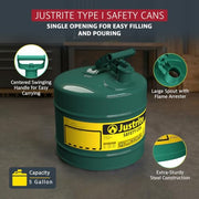 Justrite Green / 5 Gallon / Type I Cans