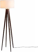 Quattro Floor Lamp - Dark Walnut Wood Finish & Weathered Brass, White Linen Shade, Dimmer