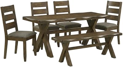 Furnifact Farmhouse Wood Rectangular Dining Table Set 6-Piece, Kitchen Table and Chairs for Dining Room, Knotty Nutmeg