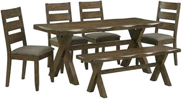 Furnifact Farmhouse Wood Rectangular Dining Table Set 6-Piece, Kitchen Table and Chairs for Dining Room, Knotty Nutmeg