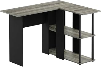 Grey and Black Abbott L-Shape Desk with Bookshelf, Spacious Workstation, Modern Design, Durable, for Home Office and Business Use
