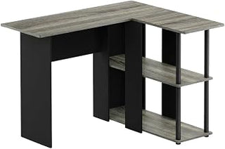 Grey and Black Abbott L-Shape Desk with Bookshelf, Spacious Workstation, Modern Design, Durable, for Home Office and Business Use