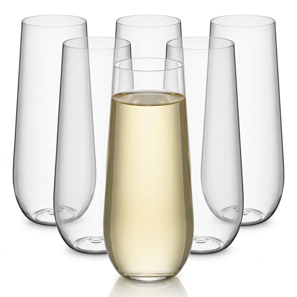 Glownary Heavy Weight PET Plastic Champagne Flutes – Clear, 9 oz, Stemless, BPA Free, Hand Wash Only, 64 Count