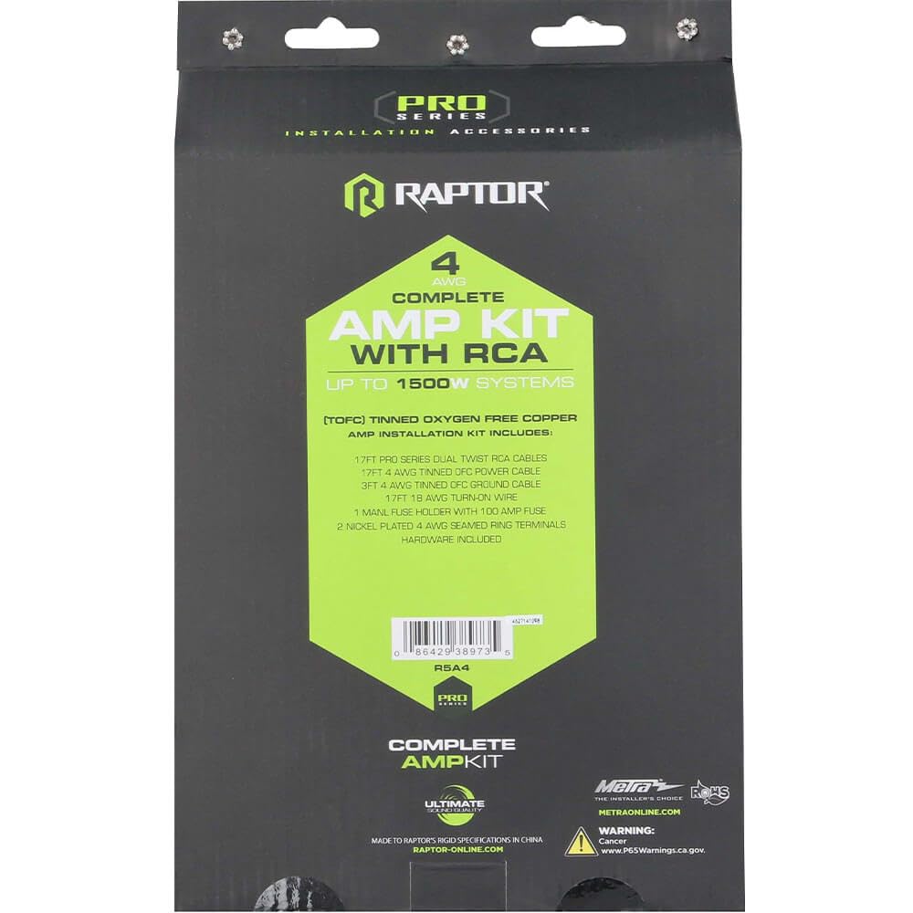 BY METRA ELECTRONICS PRO SERIES 1500W 4 AWG AMP KIT WITH RCA CABLE by RAPTOR – Oxygen-Free Copper, Standard, Model R5A4