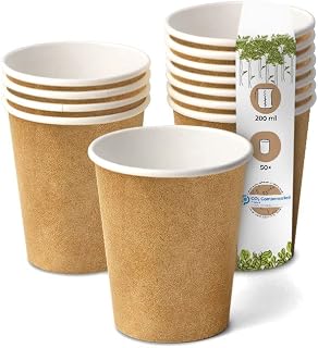 GREENBOX Pack of 50 Cardboard Einwand Coffee Drinking Cups Disposable Organic I To Go Paper Cups Inside White, Outer Wall Brown 200 ml / 8 oz I 100% Biodegradable Certified Compostable