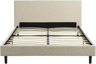 Furnifact Fabric-Upholstered Platform Bed with Headboard, Queen Bed Frame Upholstered Linen Bedframe and Queen Bed Frame for Bedroom, Beige