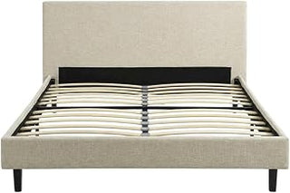 Furnifact Fabric-Upholstered Platform Bed with Headboard, Queen Bed Frame Upholstered Linen Bedframe and Queen Bed Frame for Bedroom, Beige