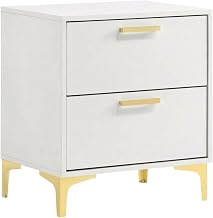 Furnifact White Nightstand, 2 Drawers, Modern Classics Design, Gold Metal Legs, Spacious Storage, Durable Construction, Bedroom Organization and Decor