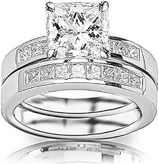 1.6 Carat t.w. GIA Certified Princess Cut 14K White Gold Classic Channel Set Princess Cut Diamond Engagement Ring and Wedding Band Set (I-J Color VS1-VS2 Clarity)
