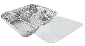 Handi Foil Oblong 3 Compartment Tray with Lid - 250 per case. by Handi-Foil – 8.75" x 6.75" x 1.5", Aluminum, Silver, Pack of 250, Model 2045-35-250W