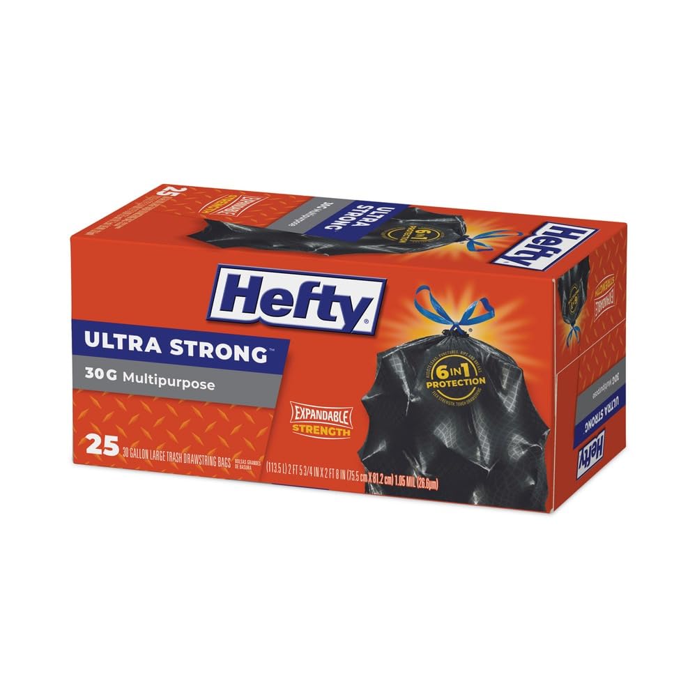 Ultra Flex 30 Gal. Large Trash Bags with Drawstring 25 ct (Pack of 6) by Hefty – 1 Count (Pack of 1), 30.0 gallons, Plastic, Black, Model E80627