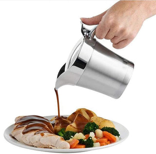 Dikedon Double Wall Gravy Boat, 16 oz Insulated Stainless Steel with Hinged Lid, Silver