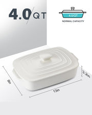 Lareina Ceramic Casserole Pan with Lid, 4 Quart Capacity, White