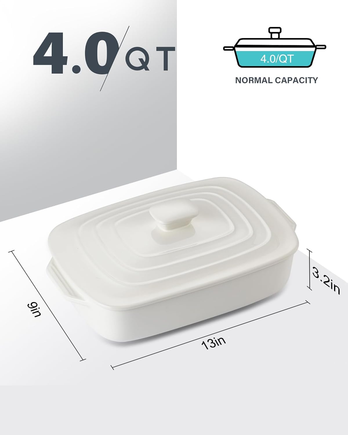 Lareina Ceramic Casserole Pan with Lid, 4 Quart Capacity, White