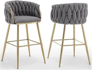 Braided Barstools in Teddy Boucle Fabric and Gold Chrome Legs, Set of 2