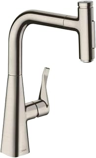hansgrohe Metris Select M71 water tap (kitchen tap with hose box, 150 degrees rotatable, pull-out nozzle with 2 spray types, outlet height 238 mm, standard connections) stainless steel