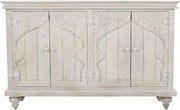 Starlight Canyon Home Hand-Carved Mango Wood Sideboard with Distressed-Finish Four-Door Cabinet, Buffet Storage Credenza for Dining Room, White Wash