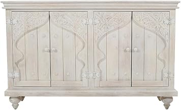 Starlight Canyon Home Hand-Carved Mango Wood Sideboard with Distressed-Finish Four-Door Cabinet, Buffet Storage Credenza for Dining Room, White Wash