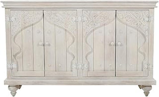 Starlight Canyon Home Hand-Carved Mango Wood Sideboard with Distressed-Finish Four-Door Cabinet, Buffet Storage Credenza for Dining Room, White Wash