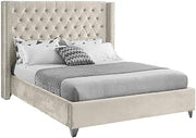 Starlight Canyon Home Fully Upholstered Velvet Queen Bed Frame, Wingback Tufted Headboard Nailhead Trim Platform Bed with Slat Support, Cream Velvet