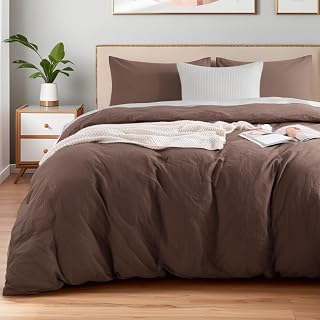 King Duvet Cover Set 100% Certified Organic Cotton with Washed Feel & Linen-Like Texture, Comfortable & Breathable, Home Bedding Set Dark Brown (No Comforter)