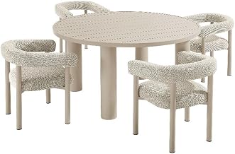 Modway Nautica 5-Piece Outdoor Round Dining Set in Ivory Taupe – Aluminum Patio Table and Chairs for 4 – Deck Table and Chairs - Small Outdoor Dining Set with Upholstered Curved Back Armchairs